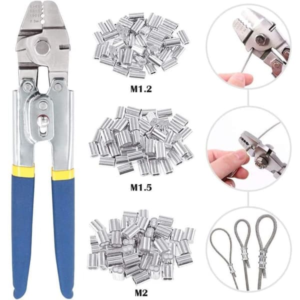 Wire Rope Crimping Tool 2.2mm with 150pcs Aluminum Double Crimp Sleeves 3 Sizes