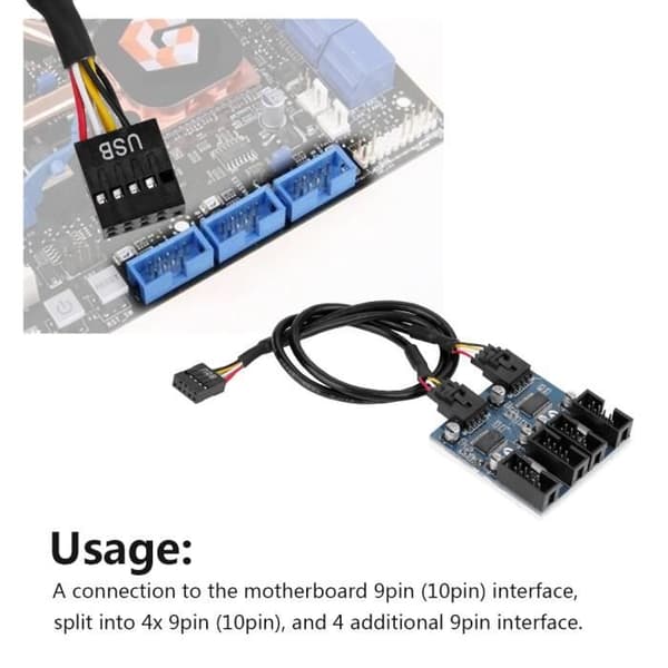 Hovedkort 9-pins USB-header hann 1 til 4 hunn forlengelseskabel splitter 9-pins USB-kontakt