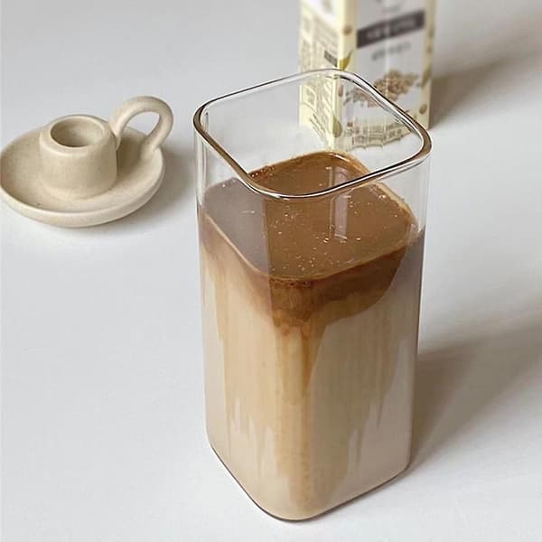 Square Heat-Resistant Transparent Coffee Cup Milk Tea Cup Water Cup Lid and Straw Coffee Cup Drinking Cup