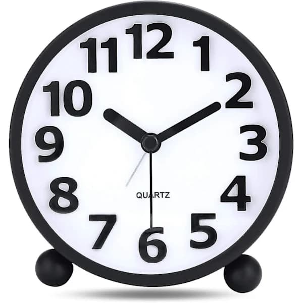 Silent Analog Alarm Clock, Black Metal Large 3D Numbers, Non-Ticking Desk Clock With Night Light Bedside Clock 10.8cm-ssxjv-D
