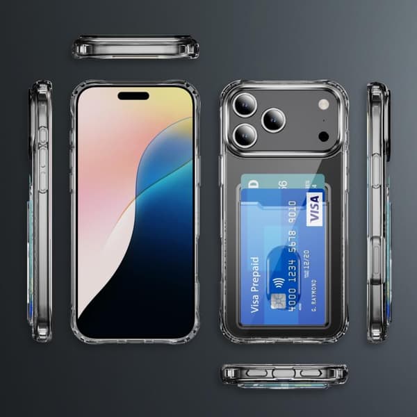 Krystalklart iPhone-etui med kortplads, hybrid PC- og TPU-beskyttelse