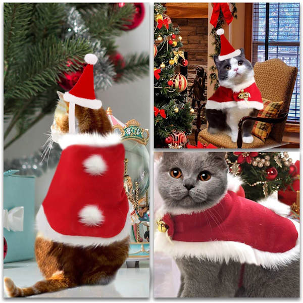 Justerbart sødt julemandskostume til kat, julekostume til kæledyr
