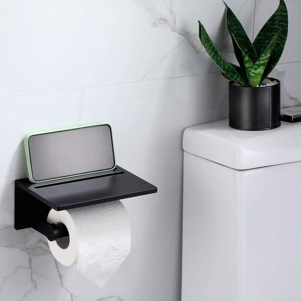 Toiletpapirholder med hylde - Sort rustfri aluminiumsrulleholder med hylde til moderne badeværelse