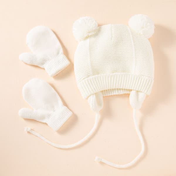 2 st/set Barn Elastisk Mössa Tjock Varm Baby Mössor Pompom Stickad Mössa Öronskydd Vantar Vinter