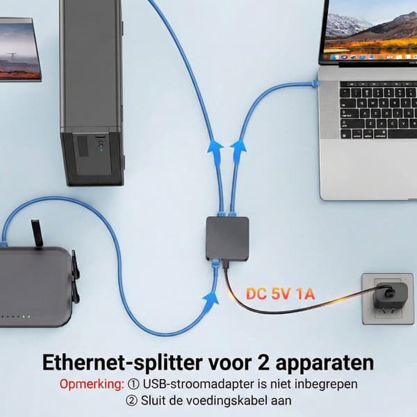 Ethernet-splitter 1 til 2 RJ45-porte, 1000 Mbps Gigabit LAN-adapter Plug and Play, til PC Laptop Router TV Box PS5 PS4 Xbox, grå