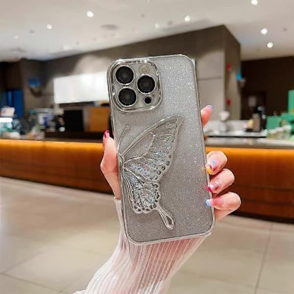 Gradient Glitter Sommerfugl Sandskal til iPhone 15 Pro Max, Klar Sølv Etui til Kvinder & Piger[JUN]