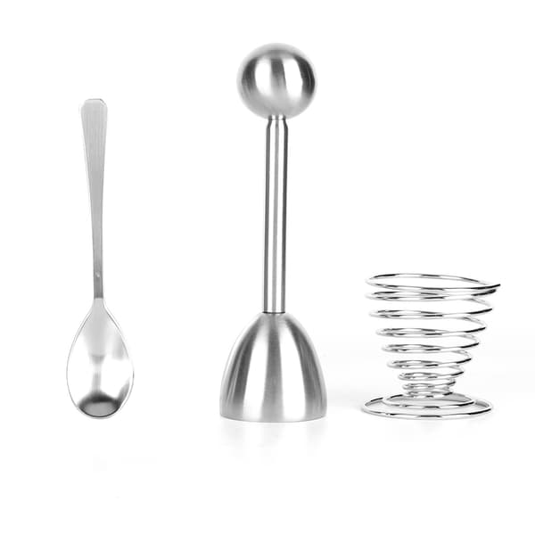 Stainless Steel Egg Slicer with Egg Shell Opener, Spring-Loaded Egg Cup Holder, and Spoon