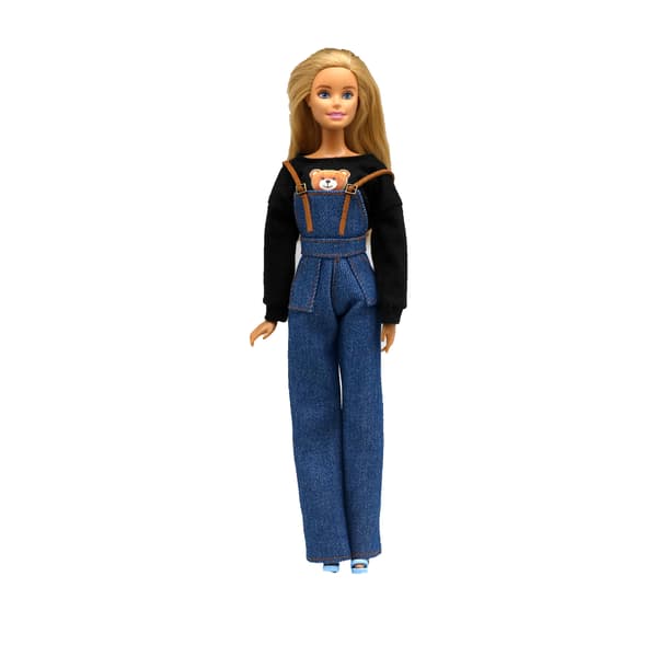 Set med babydocka klänning, denimryggsäck, byxor och sweatshirt set