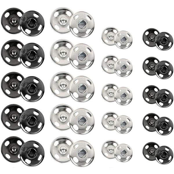 Syknapper, 120 sæt 8 mm og 10 mm, Sorte og Sølvfarvede, Påsybare Trykknapper Metalknapper Trykknapper