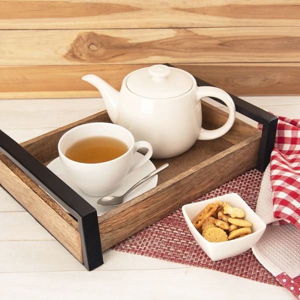 Rectangular Mango Wood Serving Tray with Metal Handles 884