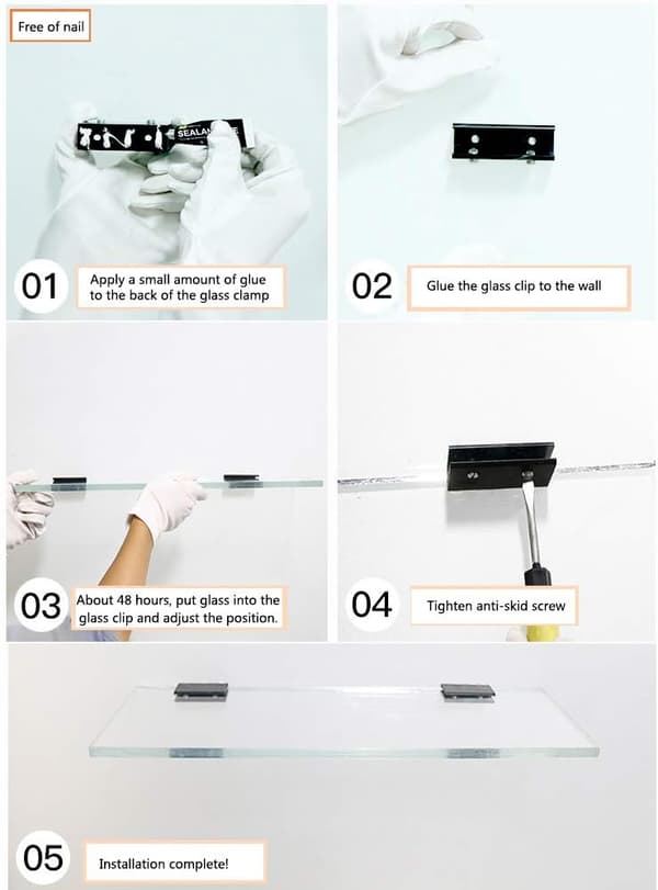 8 stk. firkantede hyldebeslag i aluminiumslegering (passer til 5-8 mm tykt glas)