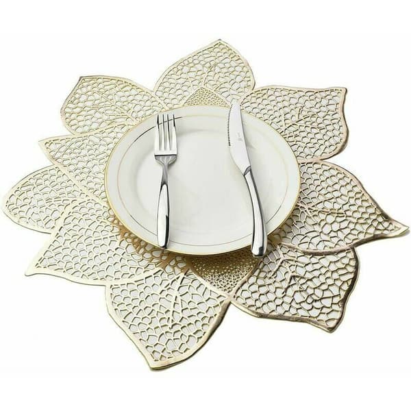 Sett med 6 vaskbare bordbrikker, isolerte, blomstermønster, PVC, gull, 40 x 40 cm