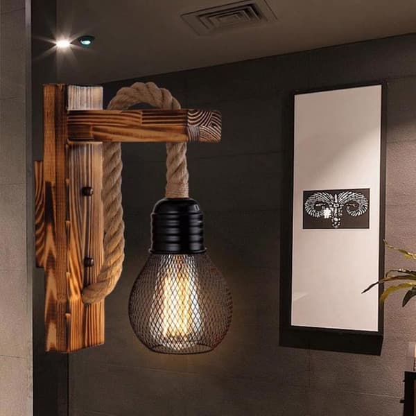 Trævæglampe Hampereb, E27 LED Retro Væglampe Stue Sengebord Korridor Café Bar (Uden Pære)