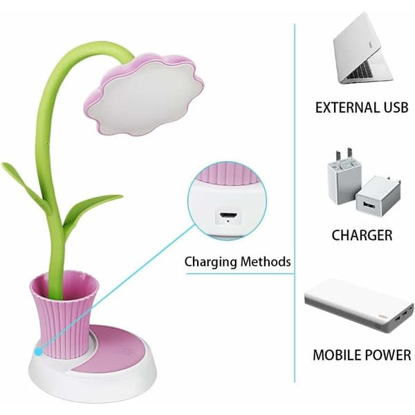 Solros Pennhållare Bordslampa USB Laddning Sovrum Kontor LED Sovsal Studenter Ögonskydd Rosa Bordslampa