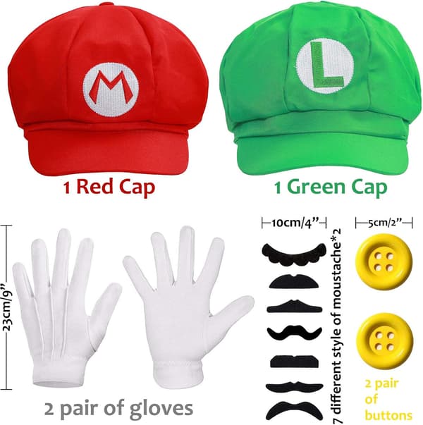 Super Mario Bros Mario og Luigi Hatter Caps Bart Hansker Knapper Cosplay Kostyme [JUN]