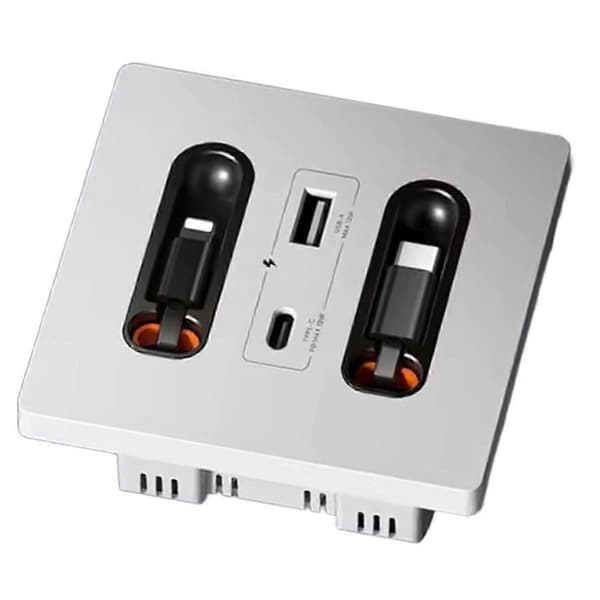 12w Universal Wall Panel Socket with USB-A USB-C Retractable Charging Cable, Mobile Phone Tablet Charger