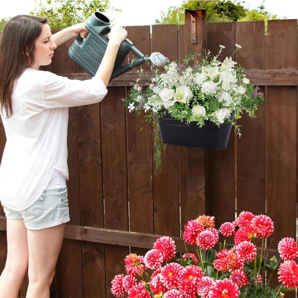 4-pack Hanging Flower Pots, Iron Balcony Boxes with Removable Hooks and Drainage Holes for Railing, Fence, Garden, Black
