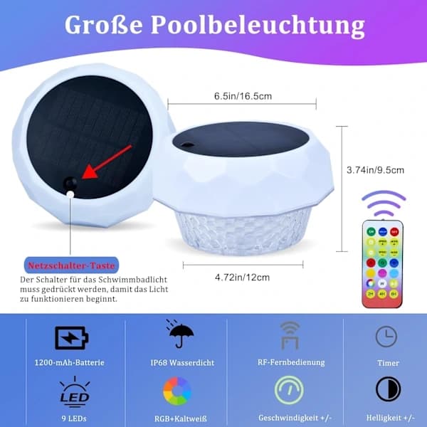 Solar Powered Pool Lighting Underwater and Above Ground Pool Lights with Remote Control, RGB+Cool White, IP68 Waterproof