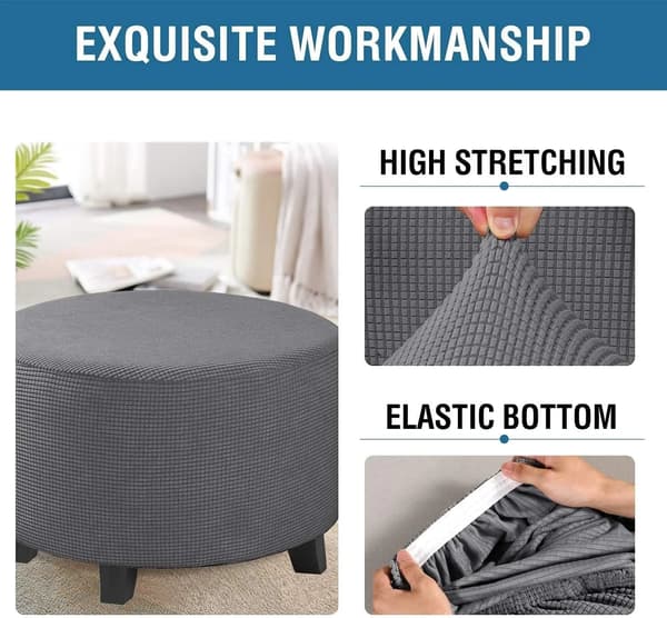 Round Ottoman Cover in Stretch Velvet, Removable Footstool Protector, Dark Grey, 29-34 inches