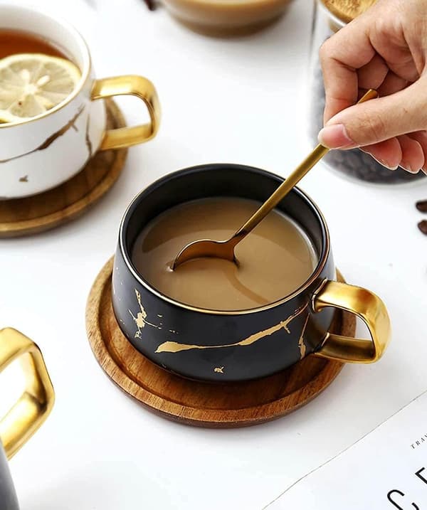 2 stk. tekopper og underkopper sæt, porcelæn espresso kaffekop sæt, med underkop og ske, keramiske krus sort, 300 ml