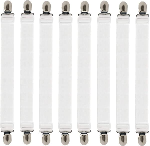 Sheet Fasteners, 8 Pcs Adjustable Sheet Straps Elastic Sheet Clips for Bedding, Fitted Sheet Holders to Keep Your Sheets in Place, White
