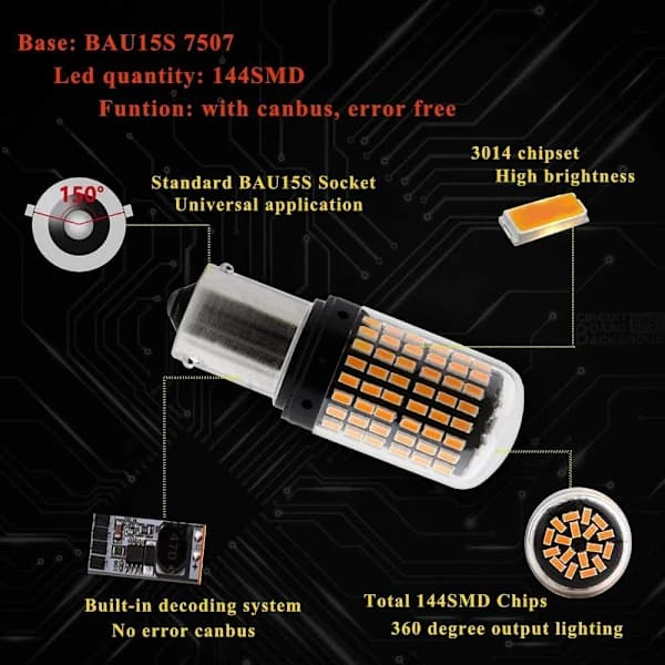 2 stk Amber 7507 LED-pærer, ingen hyperblink, 1156 BAU15S PY21W blinklys