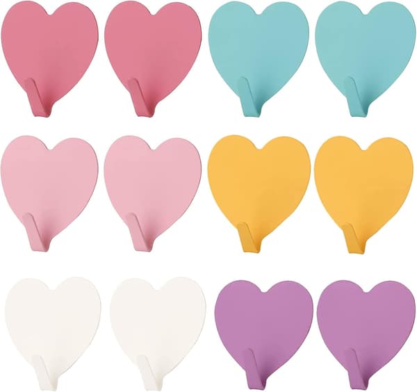 12 Pieces Self-Adhesive Hooks, Stainless Steel Self-Adhesive Wall Hook, Colorful Heart-Shaped Self-Adhesive Hook Self-Adhesive Wall