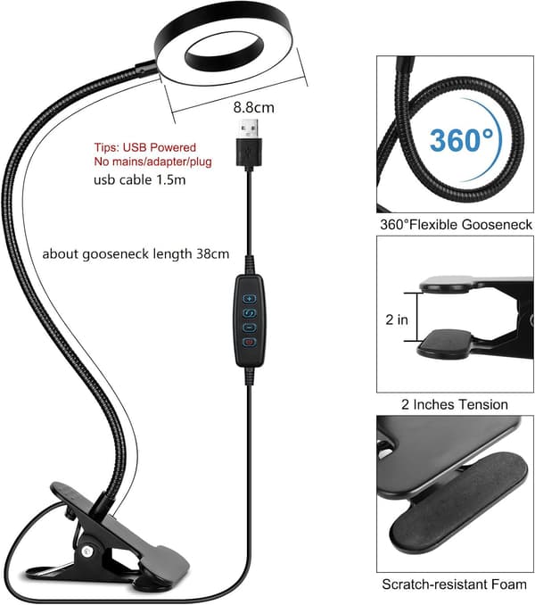 Skrivebordslampe med klemme, 10 dimbar lysstyrke 3 lysmoduser leselampe, klemme sengelampe for maling, håndarbeid, studier, videokonferanse