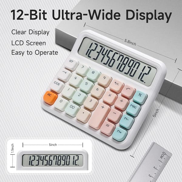 White Mechanical Switch Calculator, 12-Digit Large LCD Display and Buttons, Suitable for Daily Life and Basic Office Work