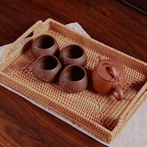 Rattan Serving Tray with Handles, Hand-Woven Rectangular Breakfast, Snack, and Drink Tray for Home and Bar, 34 cm