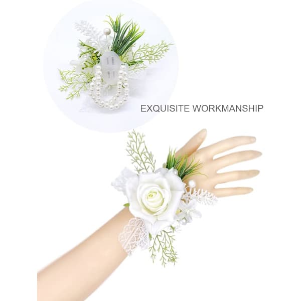 Hvid corsage og boutonniere sæt kunstig rose blomst håndledsblomst [PL]
