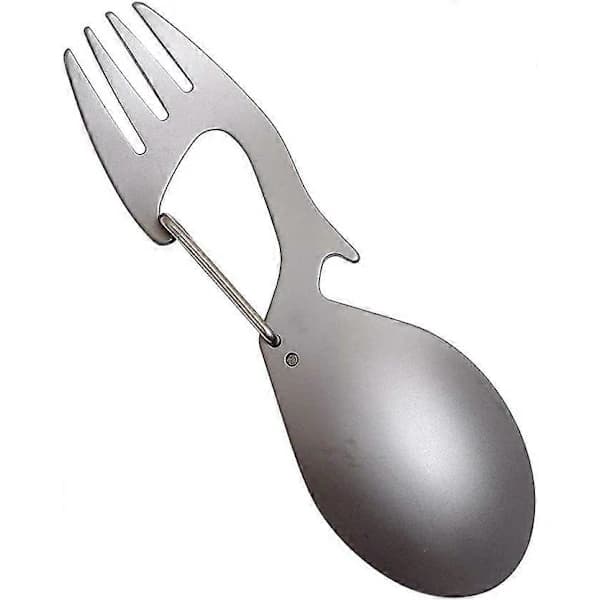 Rustfri Stål Gaffel - Titanium Ske med Flaskeåbner - Sølv Campingbestik - rustfrit stål, titanium