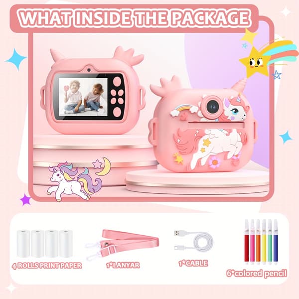 Digital Camera Kids Print Camera 2.4 Inch HD Screen Dual Camera Pink