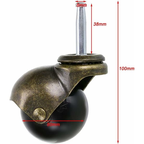 Skelang 50mm Bronshjul för möbler med baser, rundade möbelhjul för möbler, soffor, stolar, skåp, set om 4