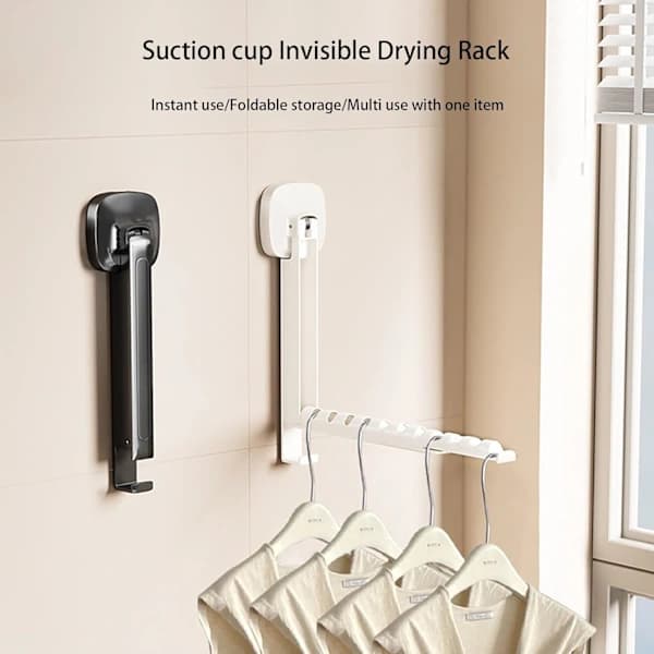 Laundry Drying Rack with Suction Cup, Foldable Wall Mounted Drying Rack, Space Saving, Flexible Storage and Transport (White & Black 2 pcs)