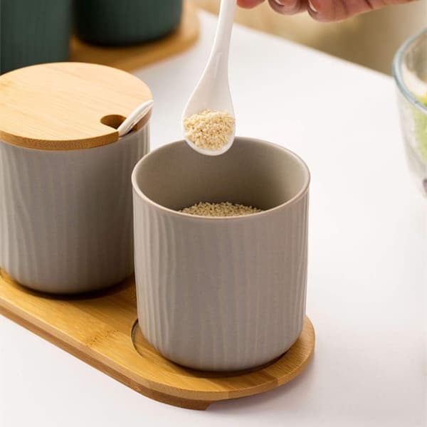 Set of 2 Ceramic Spice Jars with Lids and Spoons, for Kitchen and Table, Grey