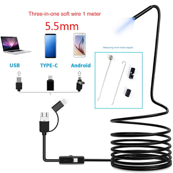 Endoskopkamera, rørinspektionskamera, IP67 endoskopkamera med 6 LED-lys 5m blødt kabel til iPhone iOS Android Smartphone