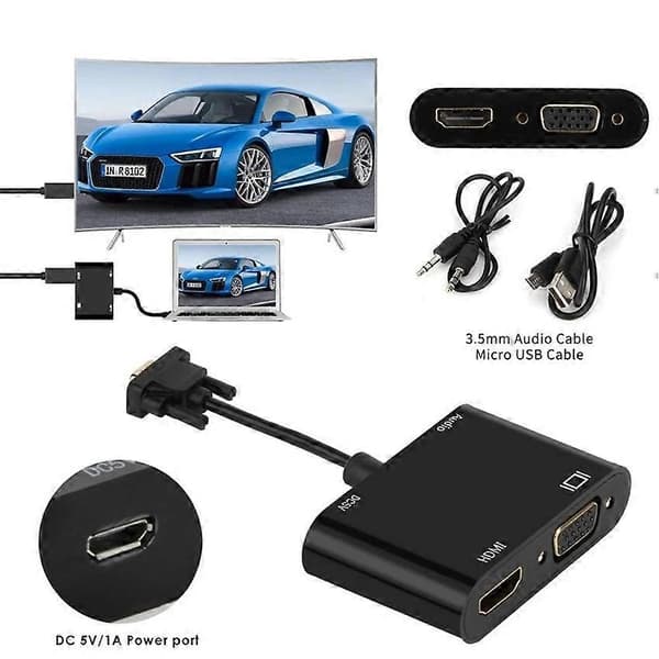 VGA til HDMI+VGA-adapter 1 ind 2 ud med 3,5 mm lydkabel understøtter VGA til HDMI VGA PC-projektor