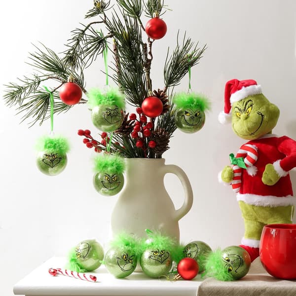 Julepynt til indendørs brug: 12 stk. søde Grinch juletræspynt med fluffy grønt hår, glitrende Grinch julekugler til træet