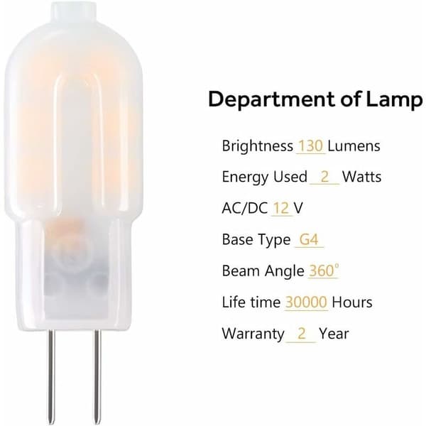 G4 LED-pære, 5-pak, svarer til halogenpærer, G4 2W LED-pære energibesparende til emhættelys, DC 12V