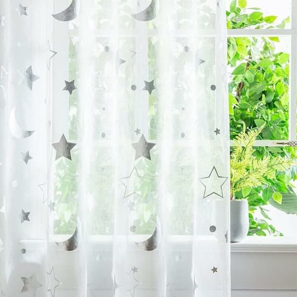 Lange, halvtransparente vindusgardiner med måne- og stjernemønster, tyll, 2 paneler, 1 m x 1,3 m
