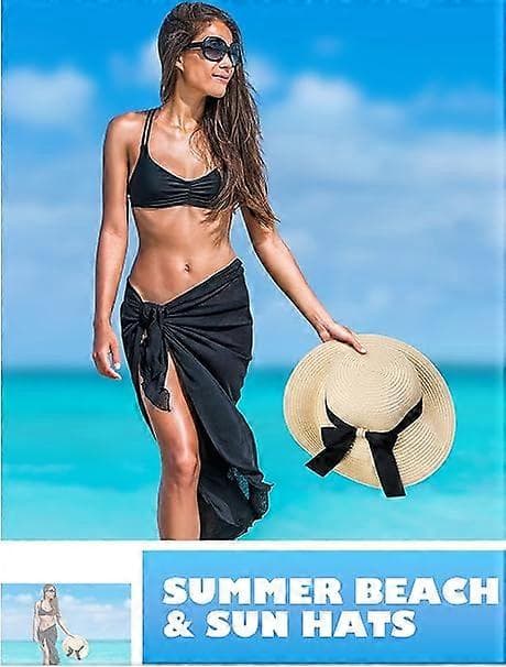 Solhat til damer, sommerhat med sløjfe, foldbar hat, bredskygget diskette strandhat, feriestråhat