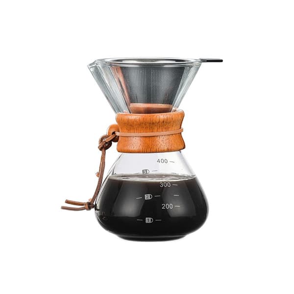 Kaffetrakter i borosilikatglass med filter i rustfritt stål