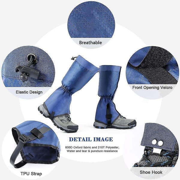 Waterproof and Adjustable Hiking Snow Gaiters with Foot Strap (Royal Blue)