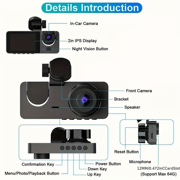 1080P HD 3-Channel Dashcam Front, Rear and Inside Car Camera with Night Vision