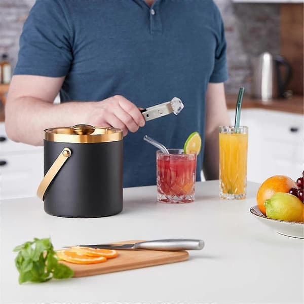 Ice Bucket, Stainless Steel, Double-Walled, Ice Bucket With Lid Handle, 2 L, Ice Cube Container Green Gold