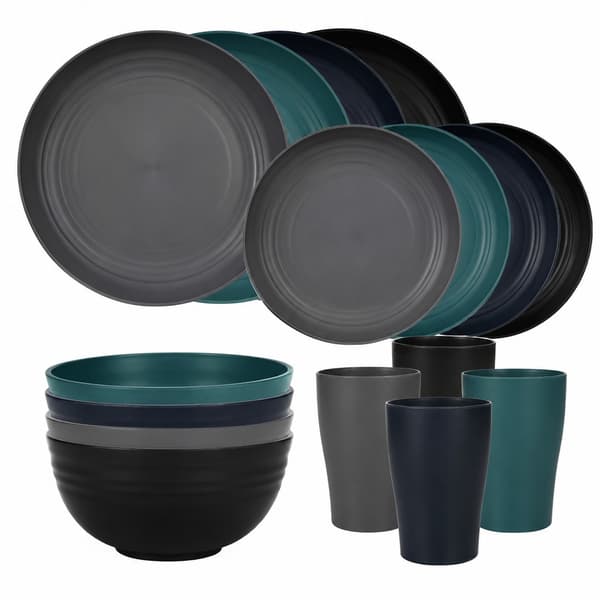 Wheat Straw Dinnerware Set, 16-Piece, Black, Plates Bowls Mugs, Microwave Safe, Household