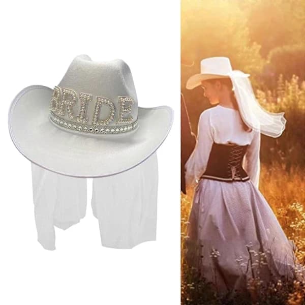Cowboyhat til kvinder med hvidt slør, bredskygget hat til piger, perlebroderede \"BRIDE\"-hatte til forlovelse, udendørs ferie, dekorativ