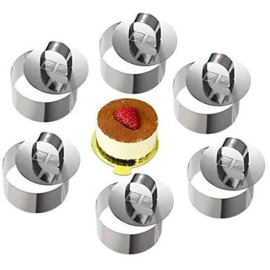 Bakering, moussering, kakering i rustfritt stål, kakeform, med presser, 8 cm diameter, sett med 6 runde