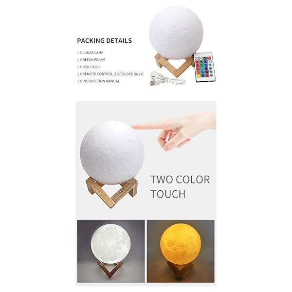 3D Moon Lamp, LED Night Light with 7 Colors Touch Lamp, 15cm Diameter